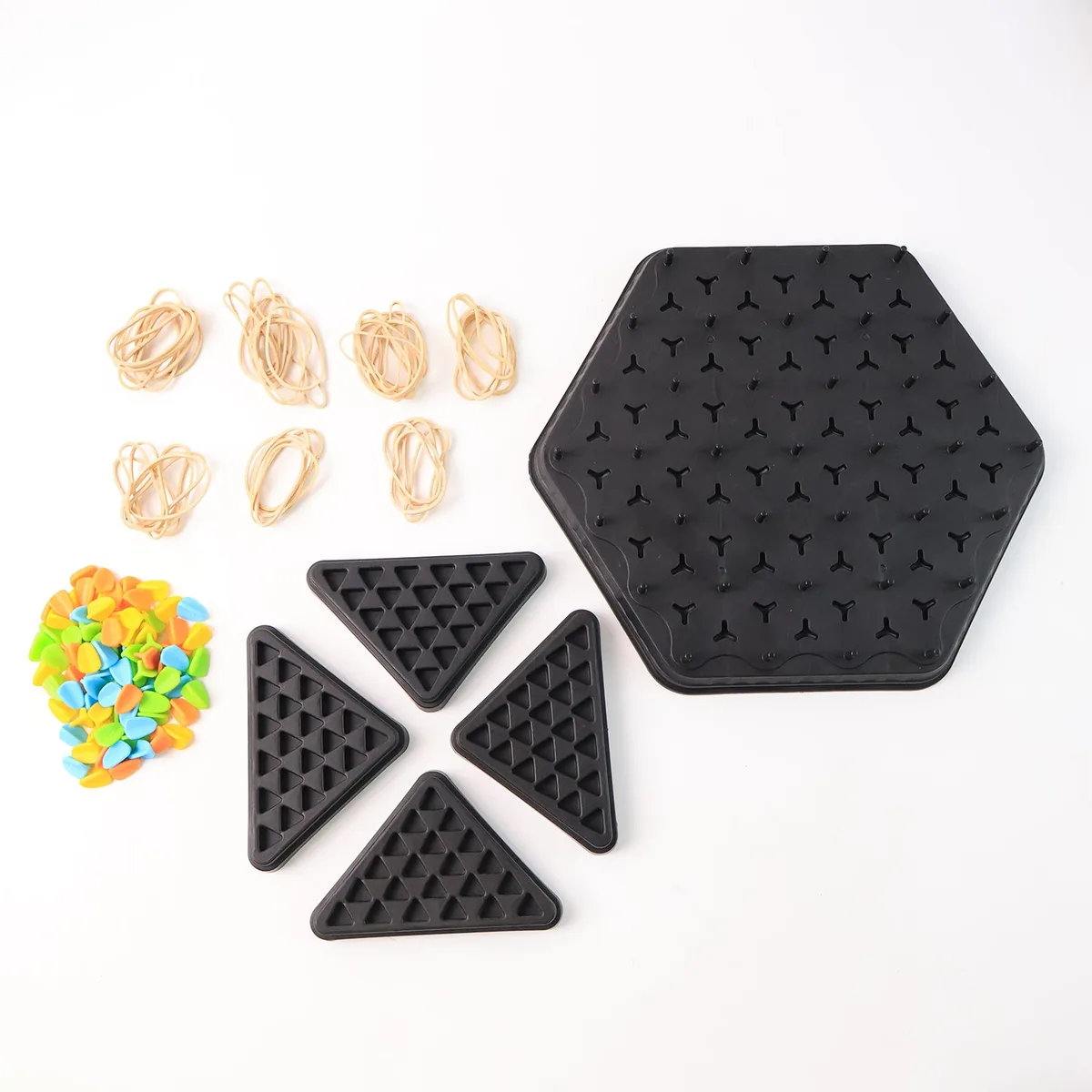Triangle Logic Match Game board, triangle pieces and bands