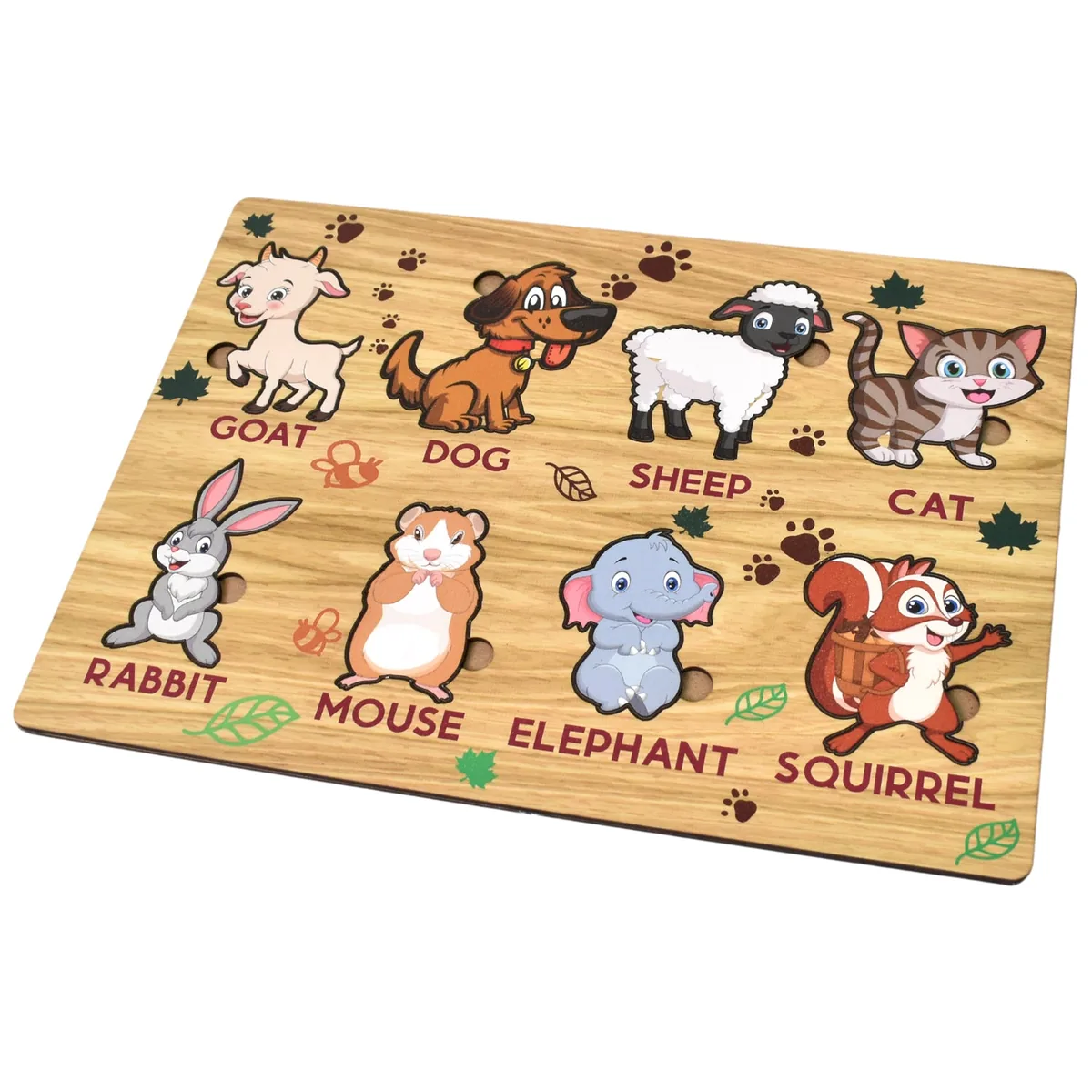 Wooden animal puzzle board with eight animal pieces