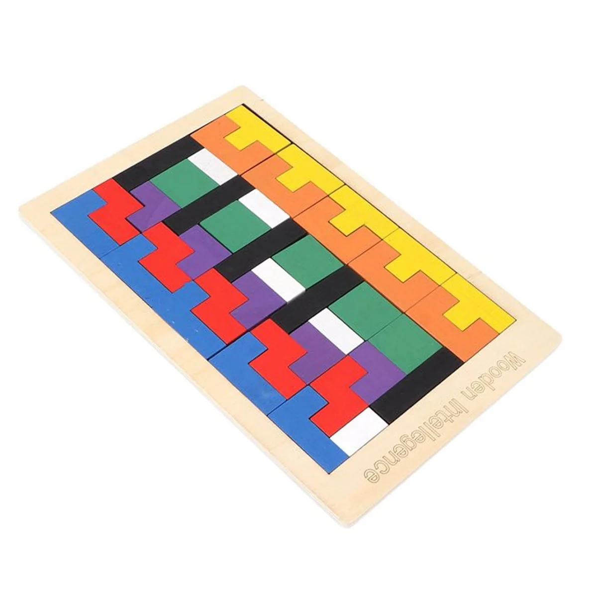 Wooden block puzzle tray filled with coloured blocks