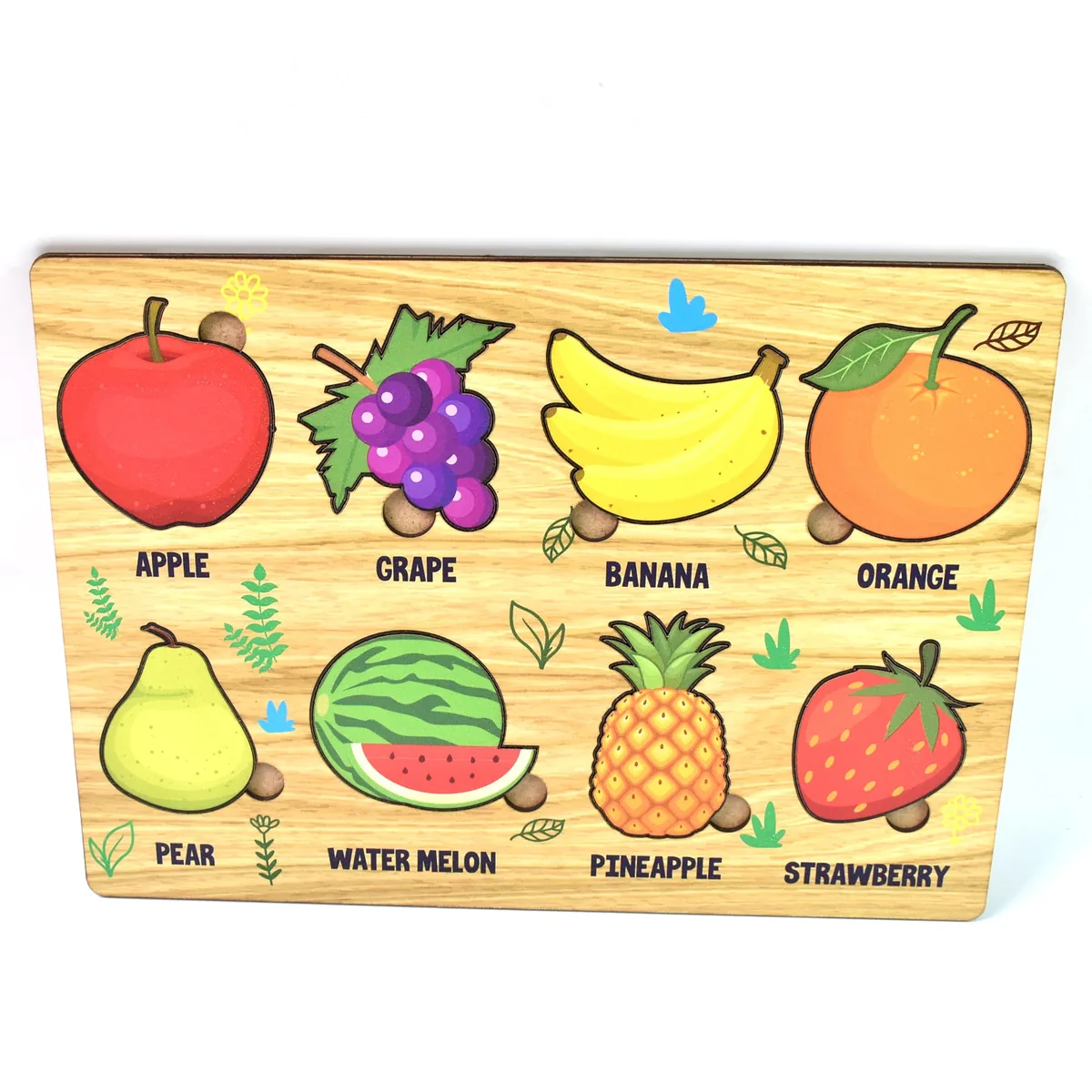 Wooden fruit puzzle board with eight fruit pieces
